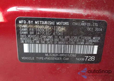 2024 Mitsubishi Mirage Es/Le z USA, uszkodzony, nr VIN ML32AUHJ8RH032092